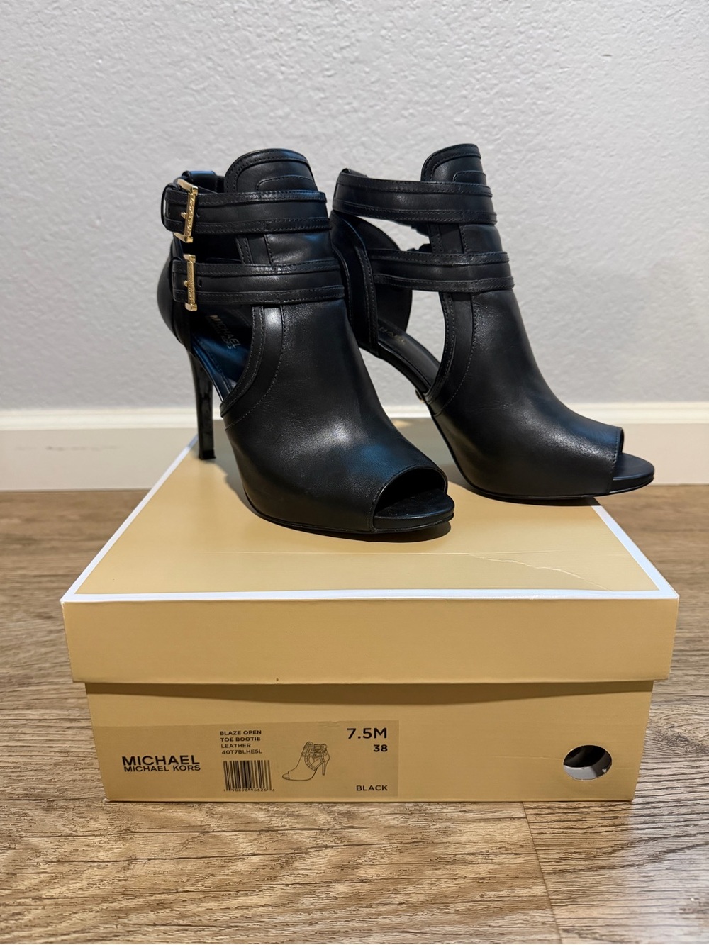 Michael Kors Black Leather Cutout Peep-Toe Ankle Heels
